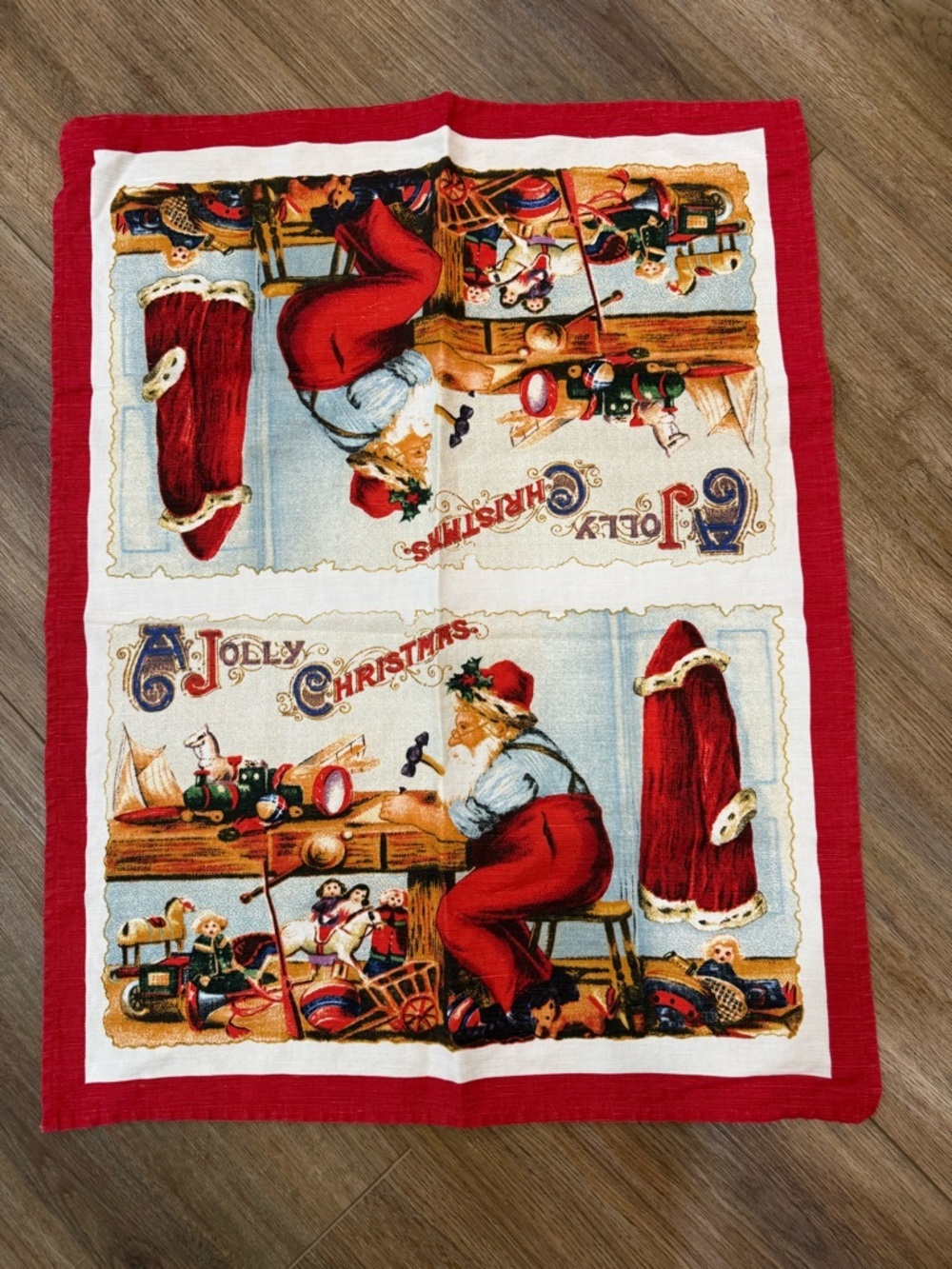 Williams Sonoma Vtg Santa Workshop Christmas Linen Cotton Napkin Italy Tea Towel